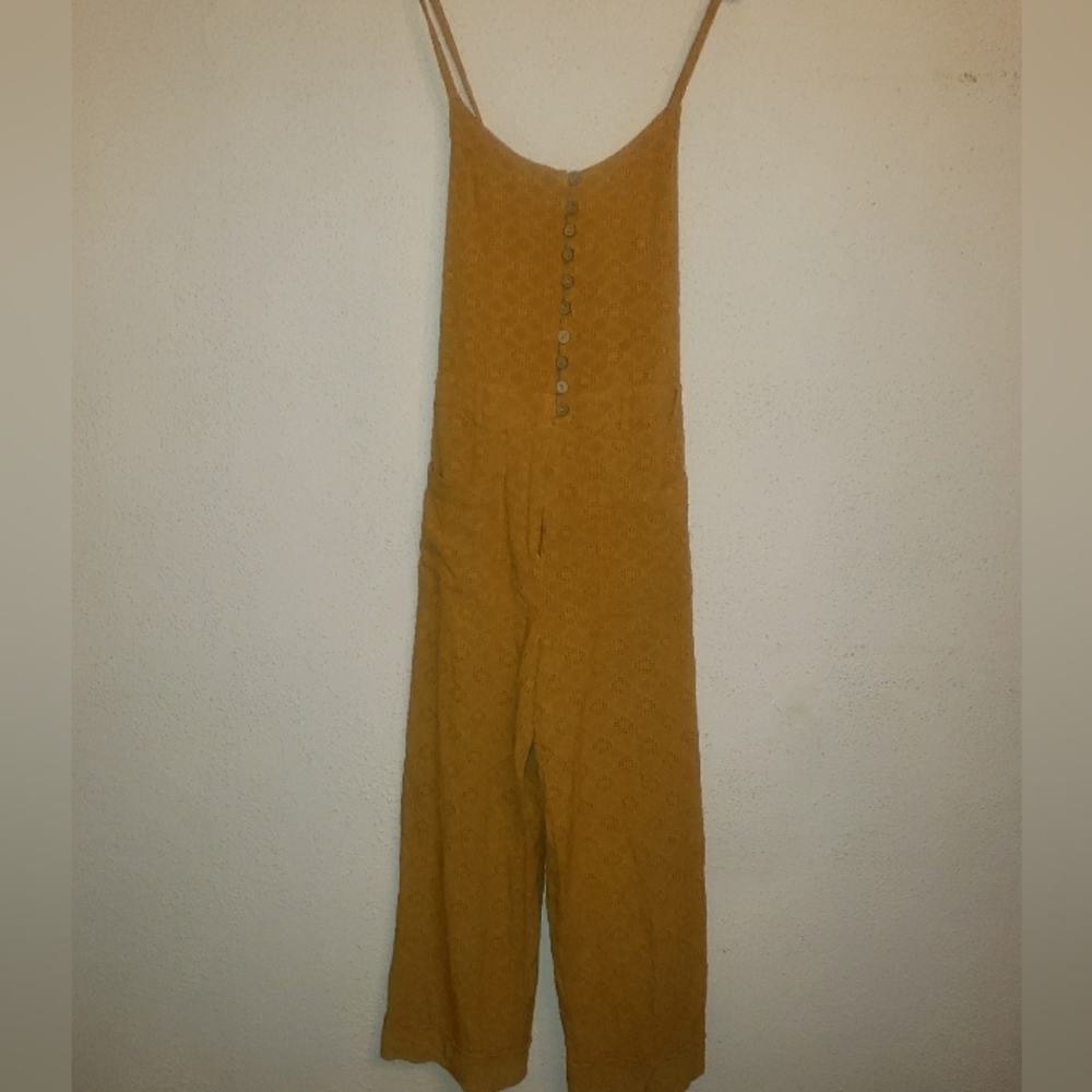 FREE PEOPLE Eyelet Mustard Wide Leg Beachy Boho Lined Jumpsuit Sz 6